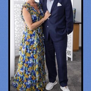 BCBGMAXAZRIA Printed Pleated Ruffle Gown